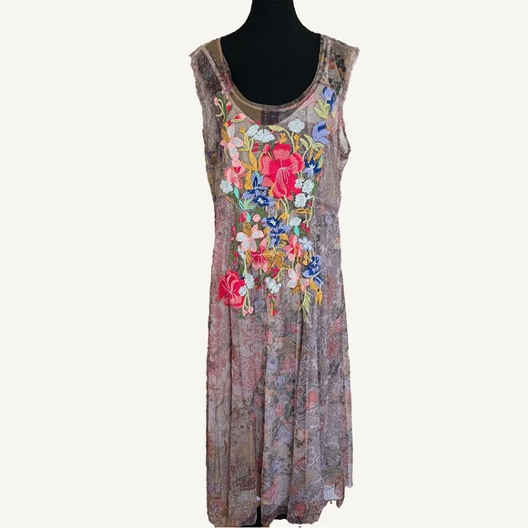 Johnny Was Drea Mesh Embroidered Midi Dress 1X Sleeveless Floral